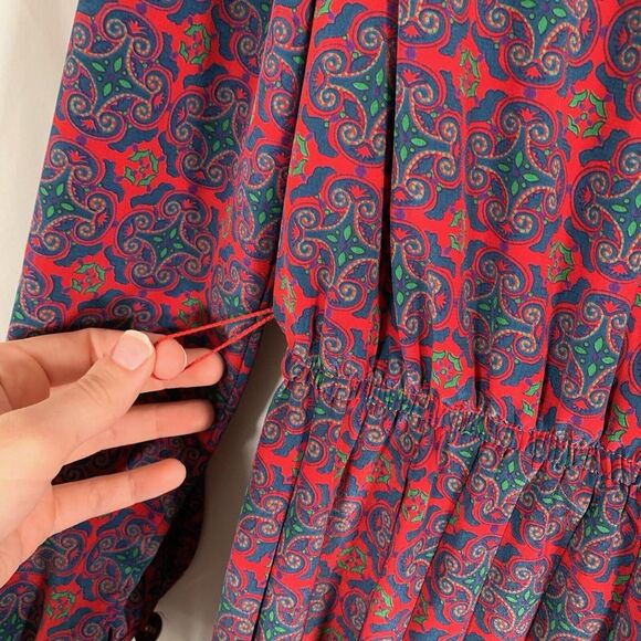 Leslie Fay Midi Dress Women's 8 Petite Red Blue Long Sleeve Collared Pleated - Picture 4 of 10